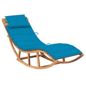 Deluxe Teak Wood Rocking Sun Lounger Chair with Blue Cushion Patio Garden