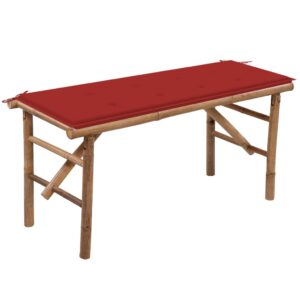 Folding Bamboo Garden Bench Outdoor Patio Furniture with Waterproof Red Cushion