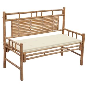 Outdoor Bamboo Garden Bench with Backrest and Waterproof Cream Cushion