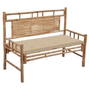 Outdoor Bamboo Garden Bench with Backrest and Waterproof Beige Cushion Comfort