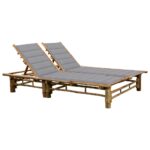 Bamboo Double Sun Lounger with Grey Cushions Adjustable Backrest Outdoor Patio