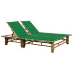 Bamboo Double Sun Lounger with Green Cushions Adjustable Backrest Outdoor Patio