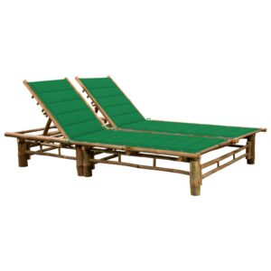 Bamboo Double Sun Lounger with Green Cushions Adjustable Backrest Outdoor Patio