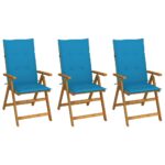 Folding Acacia Wood Garden Chairs Set with Blue Cushions Patio Furniture