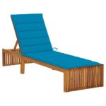 Adjustable Wooden Sun Lounger Outdoor Patio Garden Deck Chair with Blue Cushion