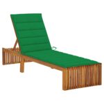 Adjustable Acacia Wood Sun Lounger Outdoor Patio Garden Bed with Green Cushion