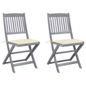 Folding Acacia Wood Outdoor Chairs with Cream Cushions Patio Furniture Set