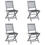 Set of Four Solid Acacia Wood Folding Chairs with Cushions for Outdoor Patio