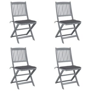 Set of Four Solid Acacia Wood Folding Chairs with Cushions for Outdoor Patio