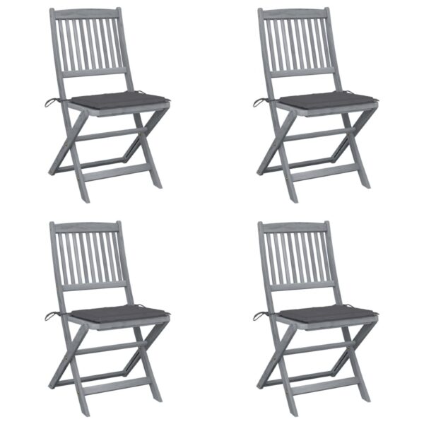 Set of Four Solid Acacia Wood Folding Chairs with Cushions for Outdoor Patio