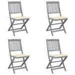 Folding Acacia Wood Outdoor Dining Chairs with Cream Cushions  Set of 4