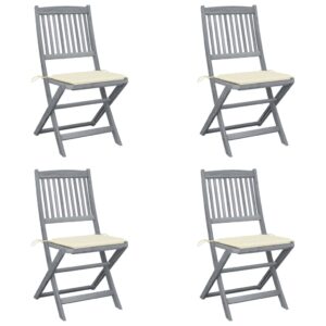 Folding Acacia Wood Outdoor Dining Chairs with Cream Cushions  Set of 4