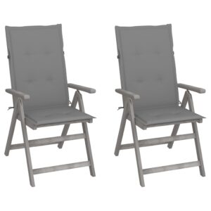 Adjustable Solid Acacia Wood Outdoor Recliner Chairs with Grey Cushions Set