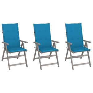 Adjustable Solid Acacia Wood Outdoor Recliner Chairs Set with Blue Cushions