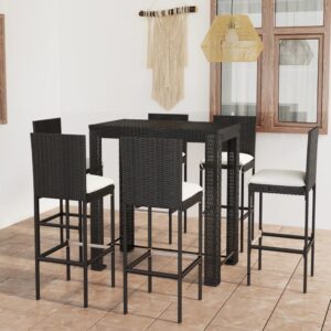 7 Piece Outdoor Bar Set with Cushions Poly Rattan Black