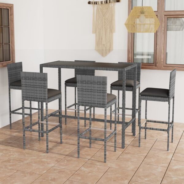 7 Piece Garden Bar Set with Cushions Poly Rattan Grey