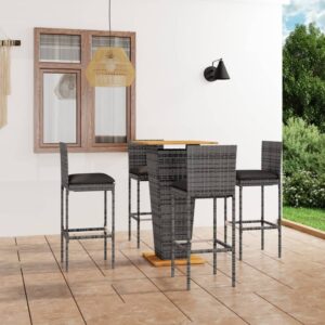 5 Piece Garden Bar Set with Cushions Poly Rattan Grey