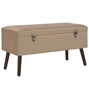 Elegant Beige Velvet Storage Bench - Soft Cozy Entryway Seating Wooden Legs