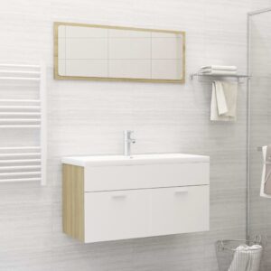 Chic White Sonoma Oak Bathroom Vanity Set with Ceramic Basin & Mirror