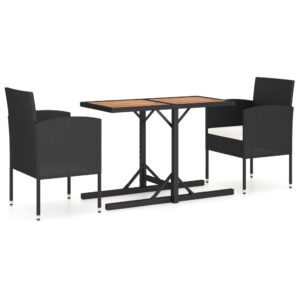 3 Piece Garden Dining Set Solid Acacia Wood & Poly Rattan Black