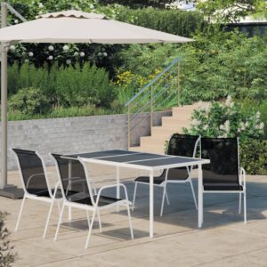 Outdoor Dining Set Steel Black Textilene Fabric Stackable Chairs Glass Table