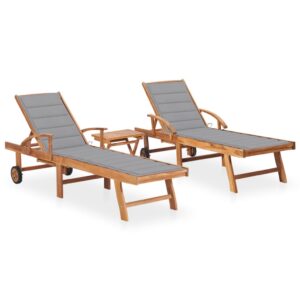 Sun Loungers 2 pcs with Table and Cushion Solid Teak Wood