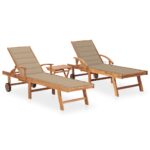 Sun Loungers 2 pcs with Table and Cushion Solid Teak Wood