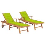 Sun Loungers 2 pcs with Bright Green Cushion Solid Teak Wood