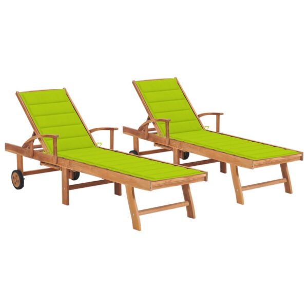 Sun Loungers 2 pcs with Bright Green Cushion Solid Teak Wood