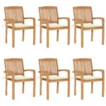 Stacking Garden Chairs with Cushions 6 pcs Solid Teak Wood