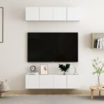 Modern White Wall Mounted TV Stand Set Storage Cabinets Engineered Wood Chic