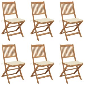 Folding Garden Patio Chairs Set of Six with Cream Cushions Solid Acacia Wood