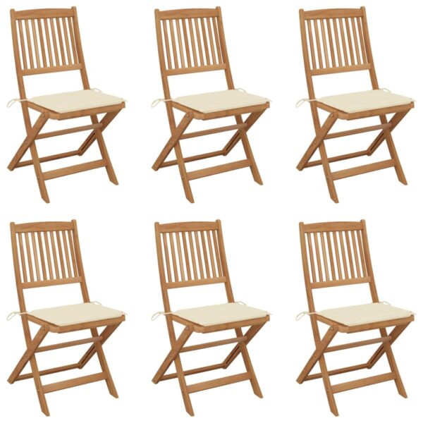 Folding Garden Patio Chairs Set of Six with Cream Cushions Solid Acacia Wood