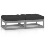 Solid Pine Wood Garden Footstools Set with Grey Anthracite Cushions Patio Decor