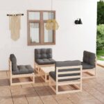 Solid Pine Wood Garden Lounge Set Grey Cushions Comfort Outdoor Patio Furniture