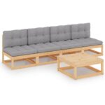 Solid Pinewood Garden Lounge Set Grey Cushions Modular Outdoor Seating Comfort