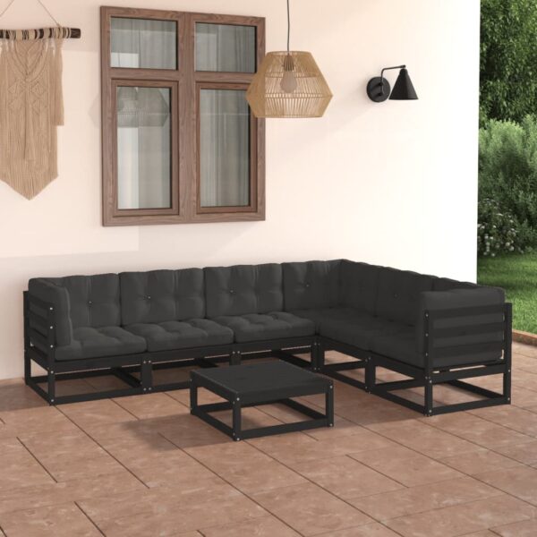 7 Piece Garden Lounge Set with Cushions Black Solid Pinewood