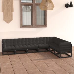 7 Piece Garden Lounge Set with Cushions Black Solid Pinewood