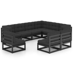 9 Piece Garden Lounge Set with Cushions Black Solid Pinewood