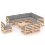 10 Piece Garden Lounge Set with Cushions Solid Pinewood