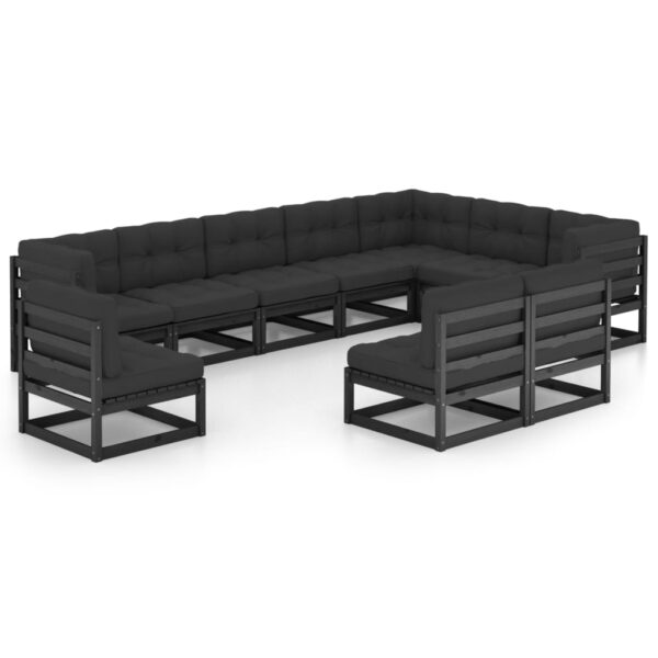 10 Piece Garden Lounge Set with Cushions Black Solid Pinewood