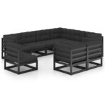 9 Piece Garden Lounge Set with Cushions Black Solid Pinewood