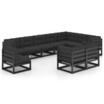 10 Piece Garden Lounge Set with Cushions Black Solid Pinewood