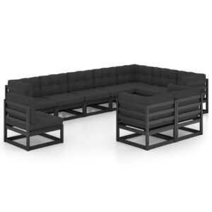 10 Piece Garden Lounge Set with Cushions Black Solid Pinewood