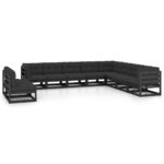 10 Piece Garden Lounge Set with Cushions Black Solid Pinewood