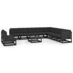 11 Piece Garden Lounge Set with Cushions Black Solid Pinewood