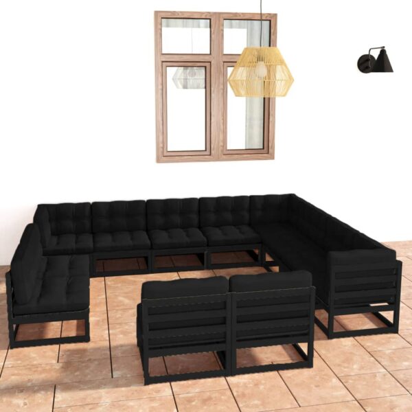 12 Piece Garden Lounge Set with Cushions Black Solid Pinewood