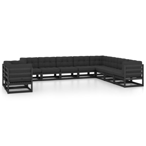 10 Piece Garden Lounge Set with Cushions Black Solid Pinewood