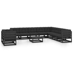 11 Piece Garden Lounge Set with Cushions Black Solid Pinewood