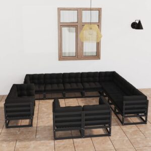 12 Piece Garden Lounge Set with Cushions Black Solid Pinewood